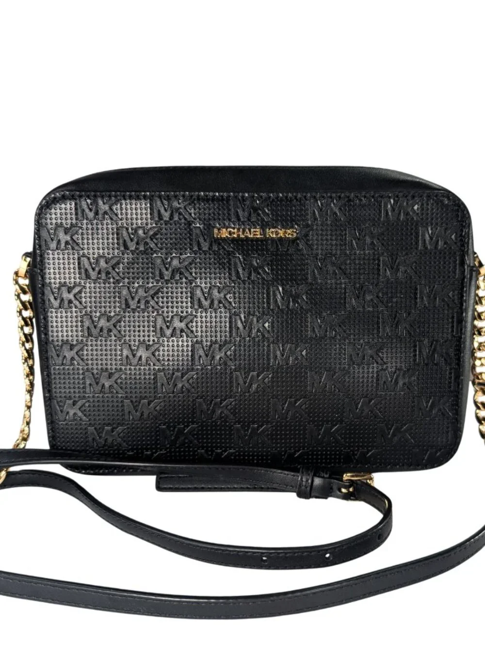 Michael Kors Black Leather Embossed Signature Gold Chain Jet Set Crossbody